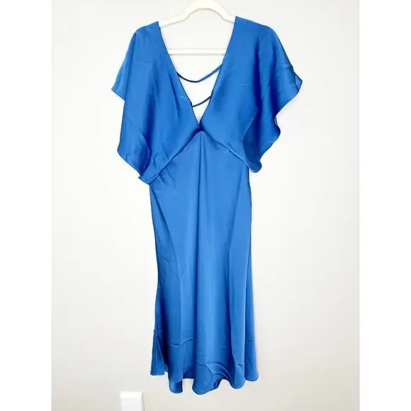 Sachin + Babi For Anthropologie Midi Dress Deep V-Neck Ruffle Blue Size 10P - Picture 4 of 12